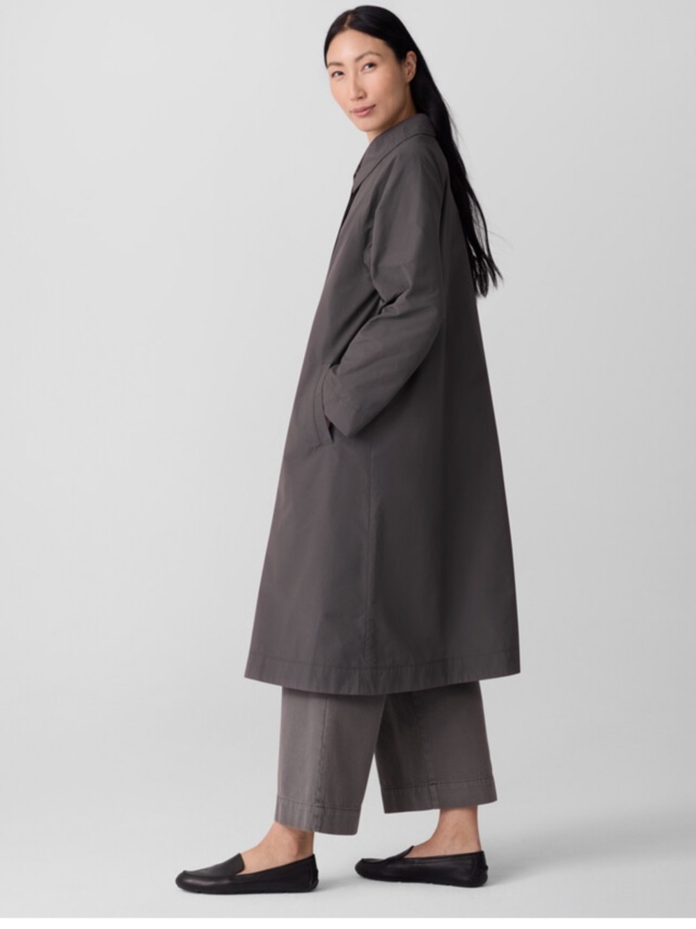 New Eileen Fisher Light Cotton Nylon Stand Collar Coat in Woodland Olive Green L
